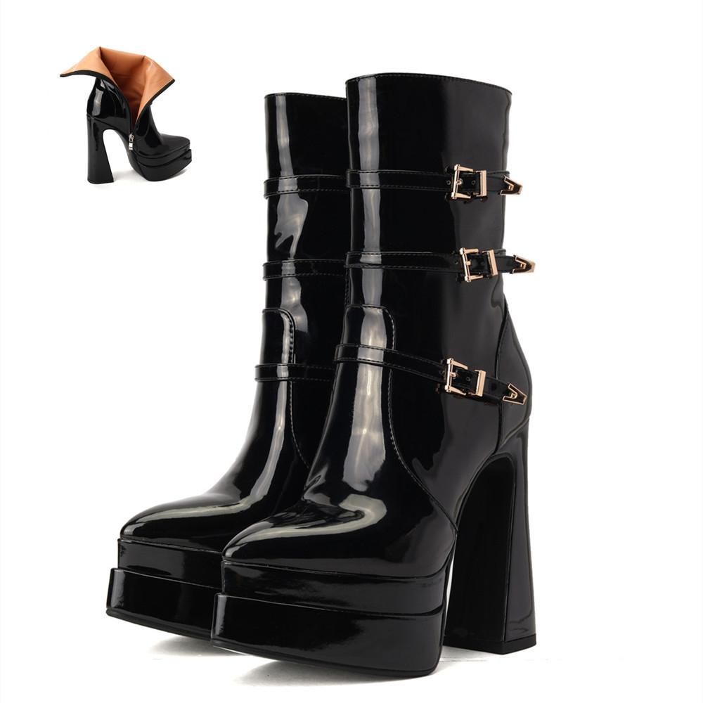 

Мода Мода Патентная кожа Женские ботильоны Осень Зима 14см Толстый Высокий каблук Платформа Металлическая пуговица Носок Обувь Размер43 Женская обувь 35 чёрный