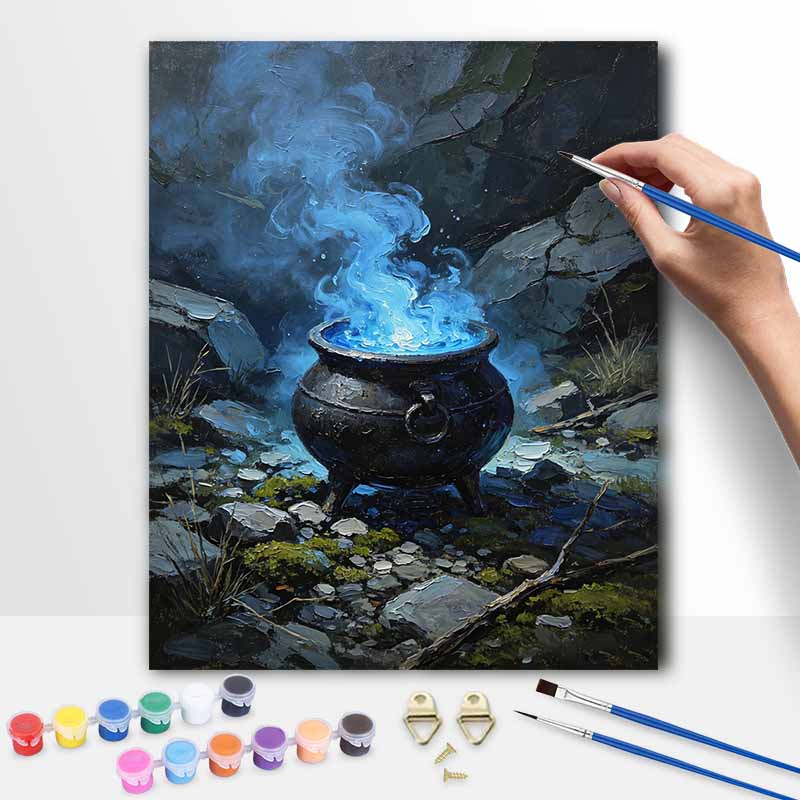 Halloween Magic Cauldron Blue Flame Digital Oil Painting Coloring Painting Hand Painting Home Decoration
