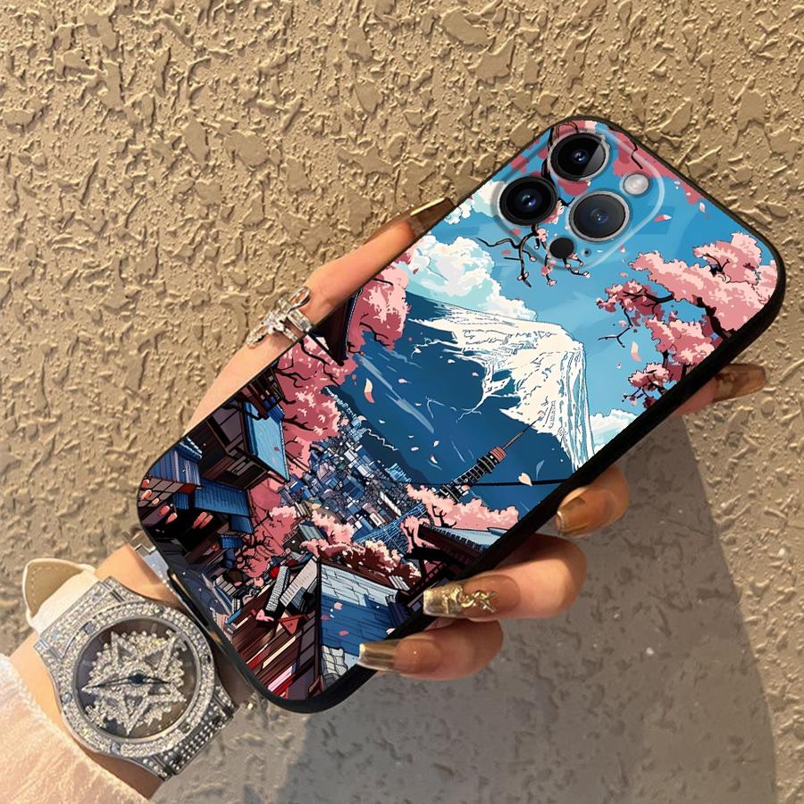 Black Soft Phone Cover Case for iPhone XS Max 15 16 14 Plus 13 12 11 17 Pro Max 17Air XR 7 8 Japanese Mount Fuji Scenic Area