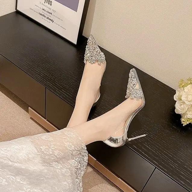 Fashion Woman Pumps Pointed Toe Rhinestone Clear Silver Shoes for Women Genuine Mark With Discount Non Slip On Promotion Popular Fashion