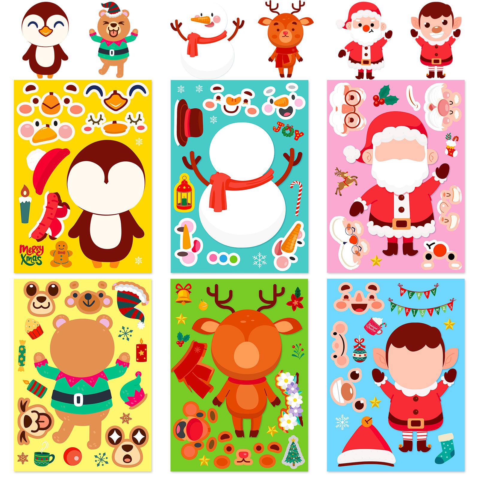 

6 Sheets/Pack Cartoon Christmas Face Changing Stickers Christmas Diy Puzzle Cartoon Stickers
