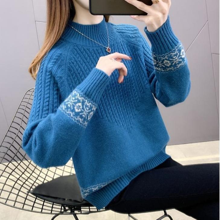 Autumn Winter Women's Half Turtleneck Sweater Loose Thick Pullover Knitted Top Jacquard Elastic Knitted Top Jumper.