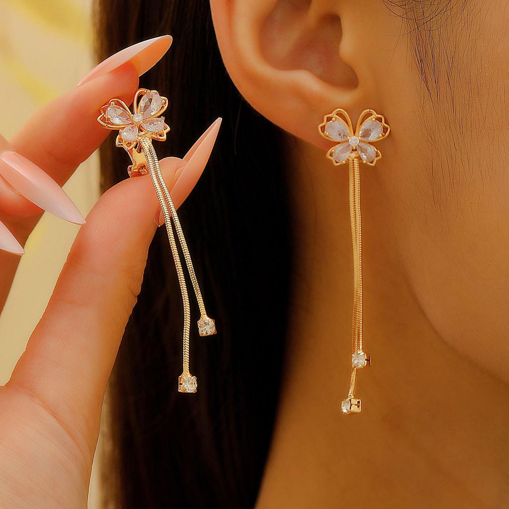 Flower Shaped Clip On Earrings with Long Tassel for Women