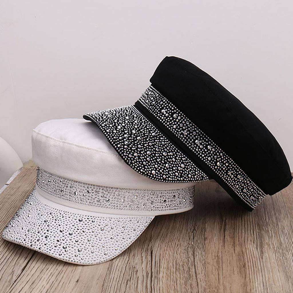 Women's Shiny Rhinestone Embellished Flat Top Baseball Cap For Women Fashion Sun Hat Outdoor Casual Beret Style Hat One Size
