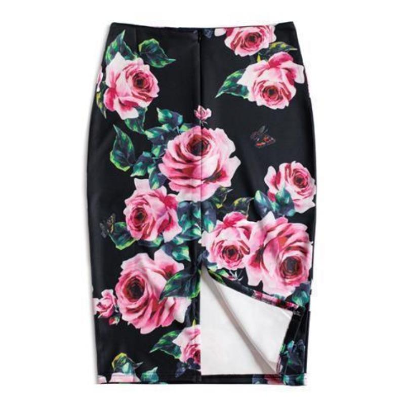 Summer Cartoon Print Elegant Pencil Skirt Women Bodycon High Waist Knee Length Skirt Female