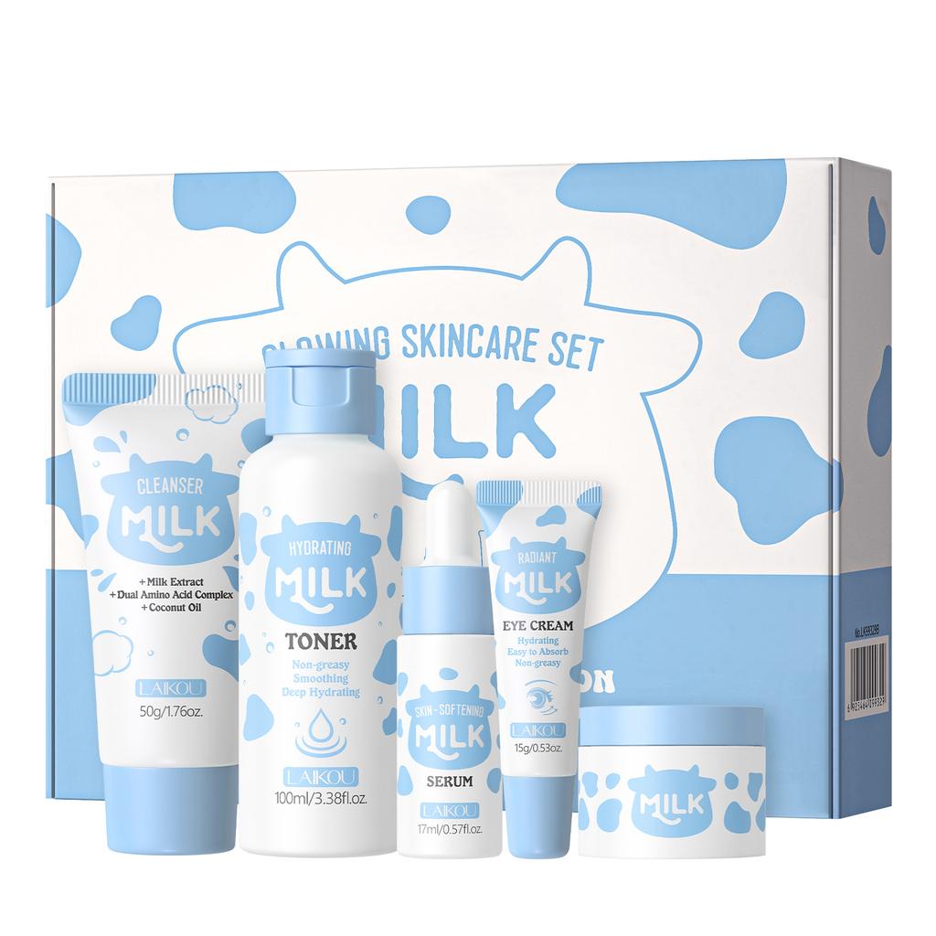 LAIKOU Milk Glowing Skincare Set 5pcs Hydrating Smoothing Improve Texture Reveal Radiance Refine Firmness