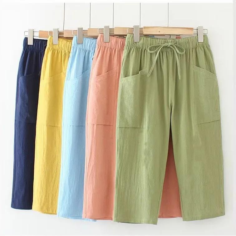 Plus Size Loose Plus Size Women's Casual Cotton Elastic Waist Straight Leg Seven-Foot Pants New Plus Size Clothing