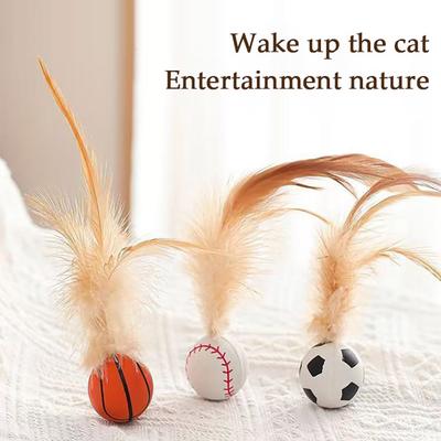1 Pc/3 Pcs Interactive Feather Ball Toy Mini Bouncy Basketball Soccer Baseball with Feather Pet Training Catcher Toy for Indoor Cats