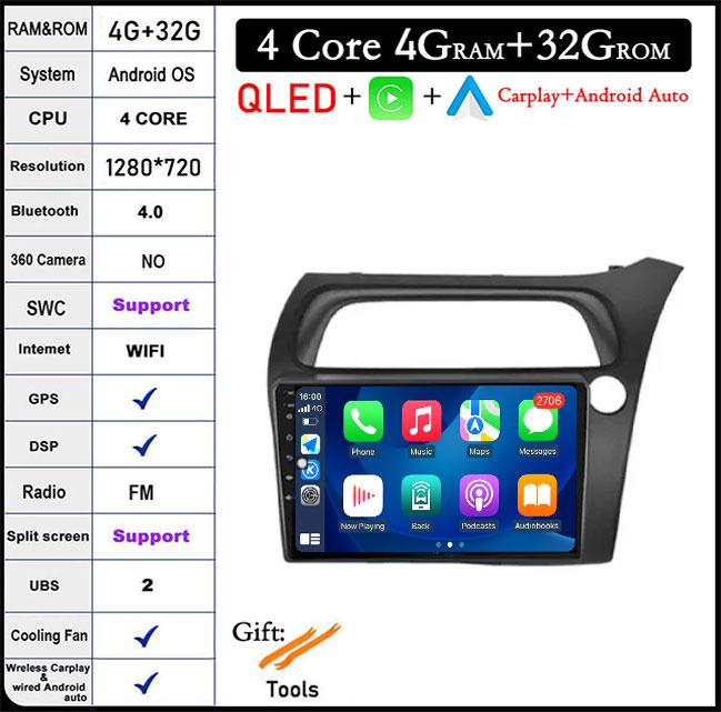 9 Lnch Android 14 For Honda Civic Hatchback 2006-2011 Car Radio Player Video Multimedia Carplay IPS DPS Navigation DSP Screen