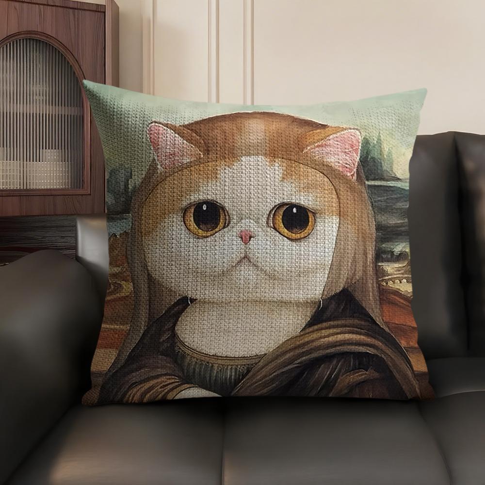 Art Cat Cute Cushion Cover Summer Breathable Linen Organic Fabric Double-Sided Printing Sofa Pillow Case Home Decor