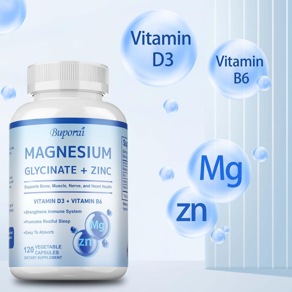 Magnesium Glycine Capsules, Containing Zinc, Vitamin D3, and B6 Extracts, Help Relieve Leg Cramps and Relax Muscles.