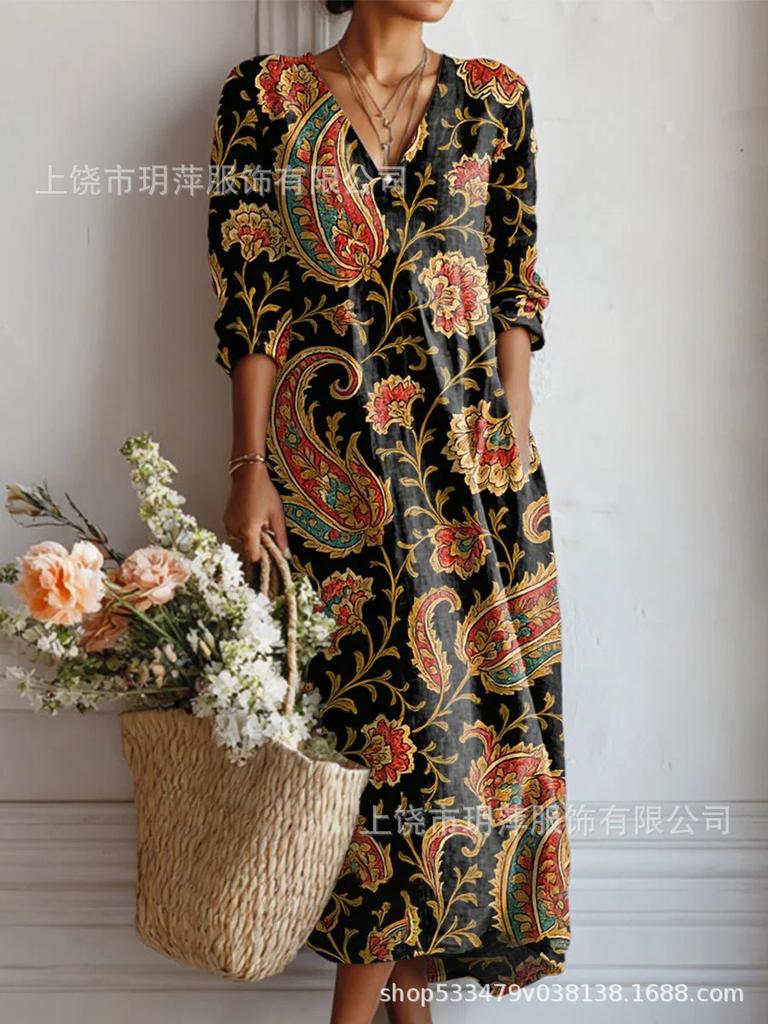 Langes Freizeitkleid mit 3D-Druck - Frische Frühjahrs-/Herbstmode