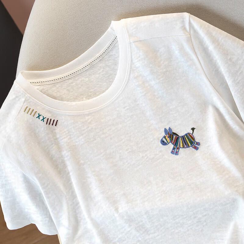 Sibaishe Women's Embroidered Round Neck Loose Fit T-Shirt