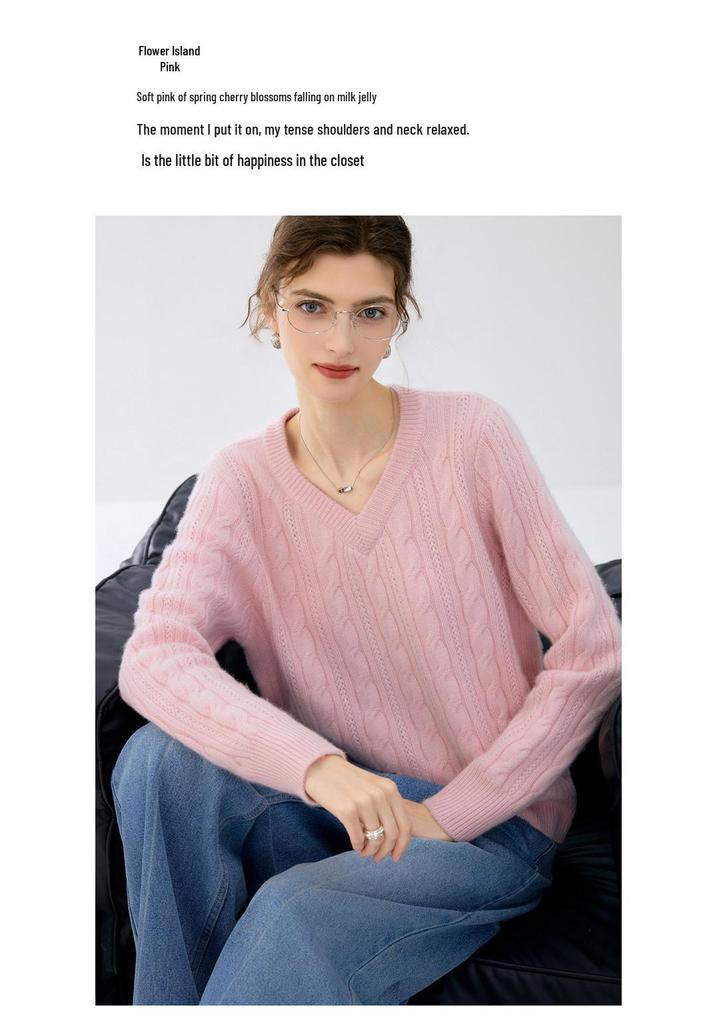 Lekasha Women's Cashmere V-Neck Cable Knit Pullover for Autumn/Winter