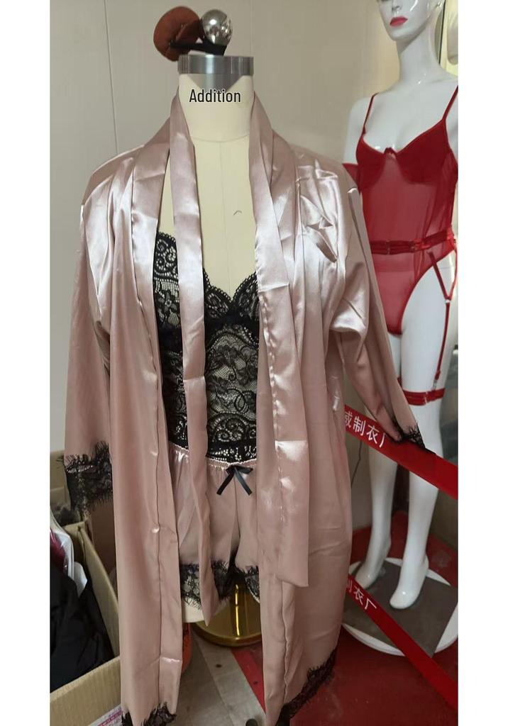 European Luxury V-Neck Lace Satin Pajamas & Nightgown Set - Includes Camisole & 3/4 Sleeve Robe, 4-Piece Women's Sleepwear.