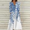 Women's Summer Casual V-Neck Button Vintage Floral Print Three-quarter Sleeve Long Dress With Pockets