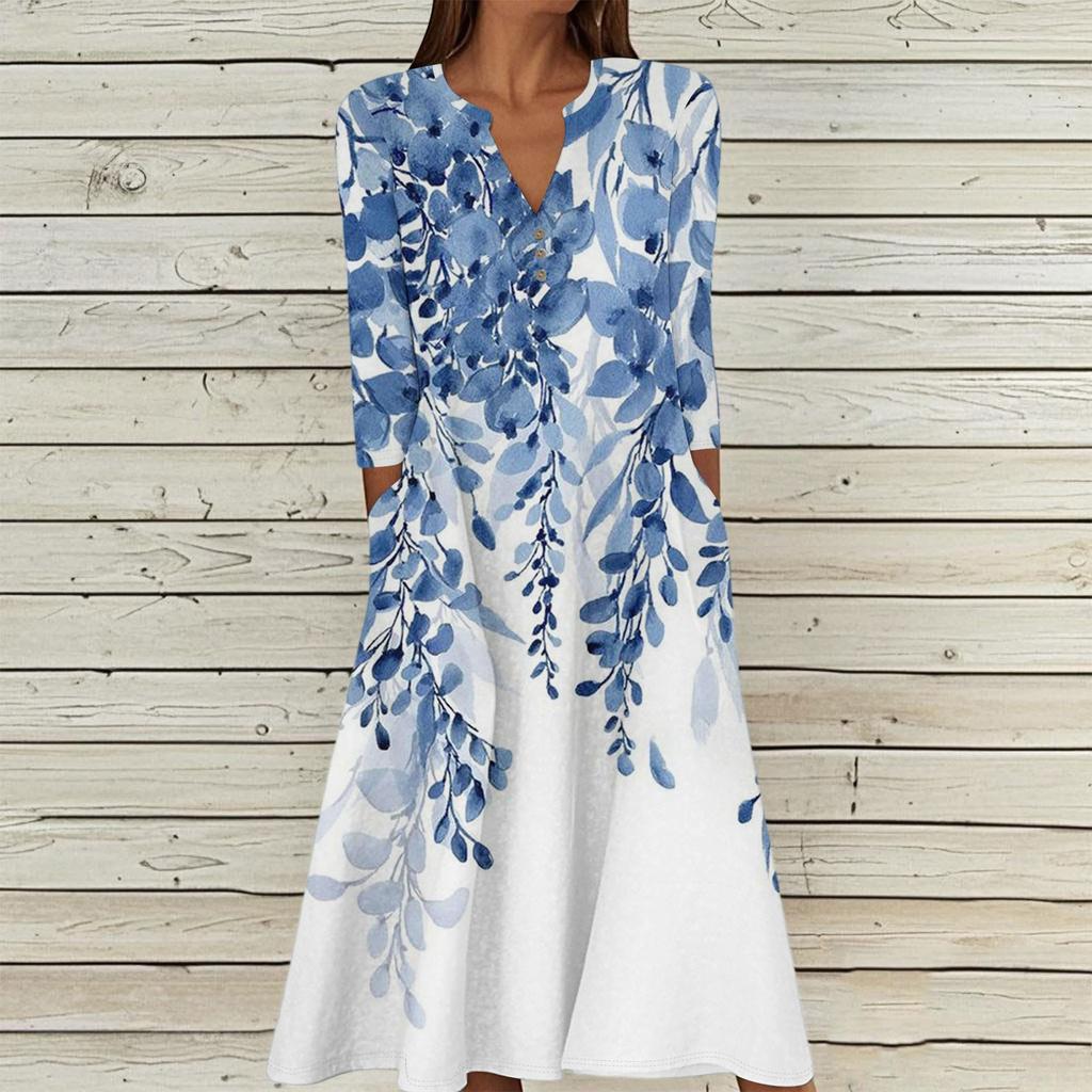 Women's Summer Casual V-Neck Button Vintage Floral Print Three-quarter Sleeve Long Dress With Pockets