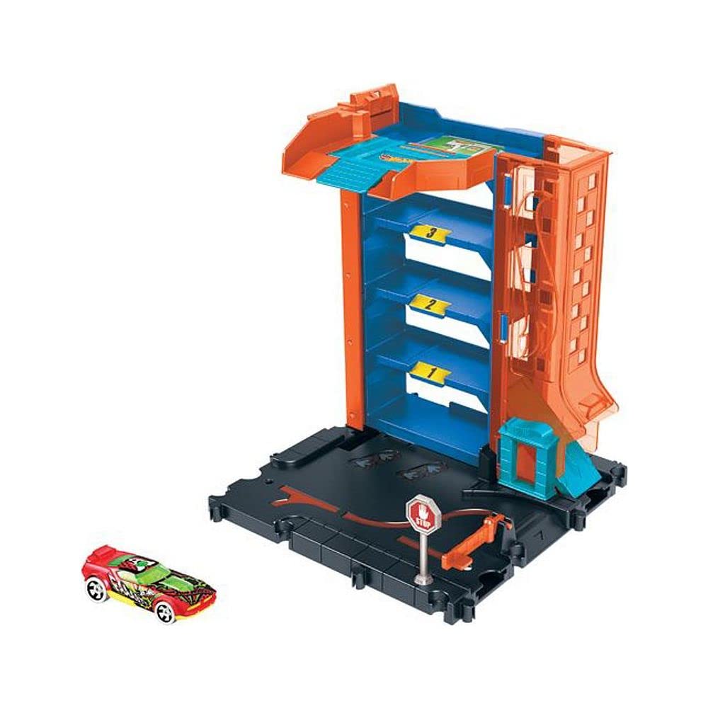Hot Wheels City Toy Car Track Set Downtown Car Park Playset with Scale 4 Working Lift Exit Chute 164 Vehicle, Levels, &