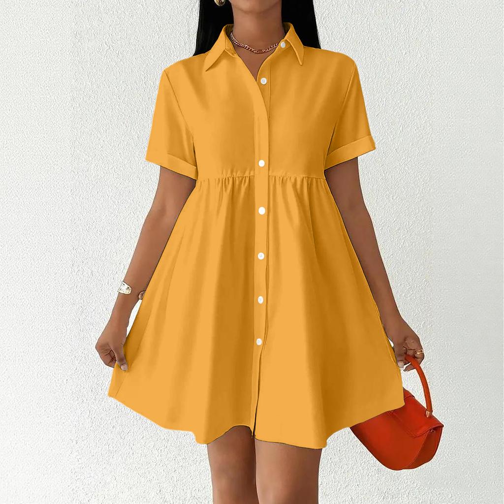 Women Short Sleeve Shirt Dress Button Down Collared Loose Fit Casual Mini Dress with Pockets Summer Style