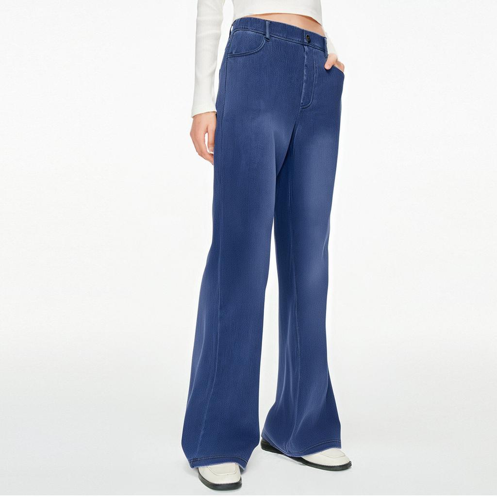 Damen Jeans Lässig Einfarbig Stretch Knopf Gerade Jeans