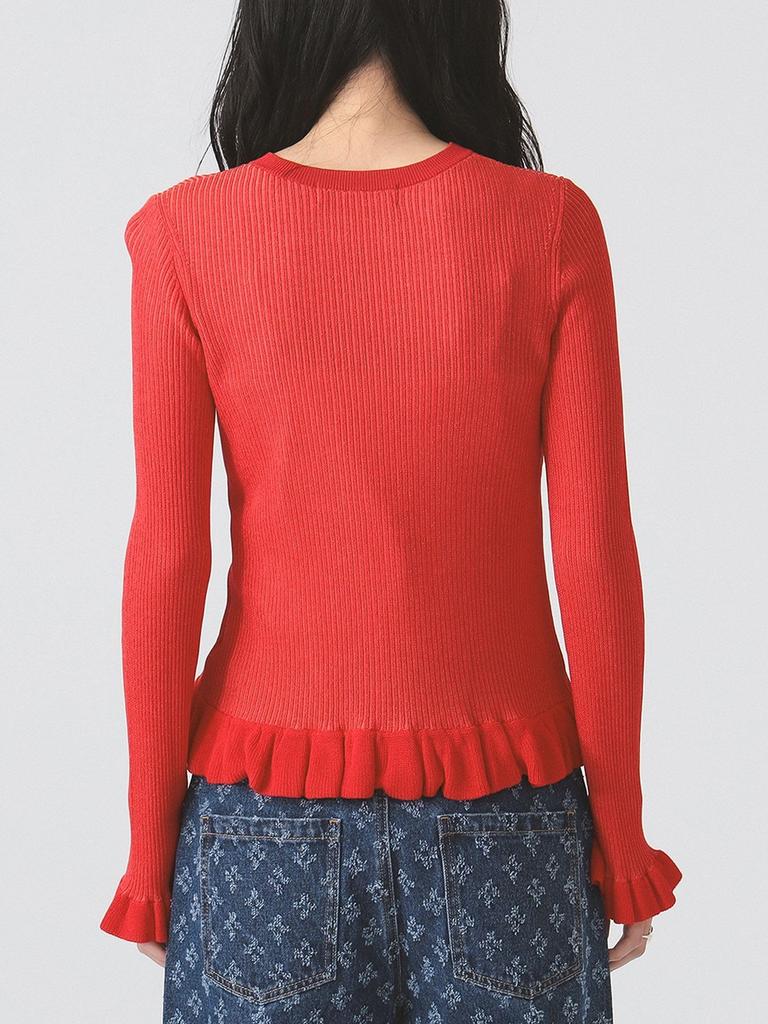 Ray Beams RIB Frill Hem Long Sleeve Knit Size Women's Sweater, Red/Free