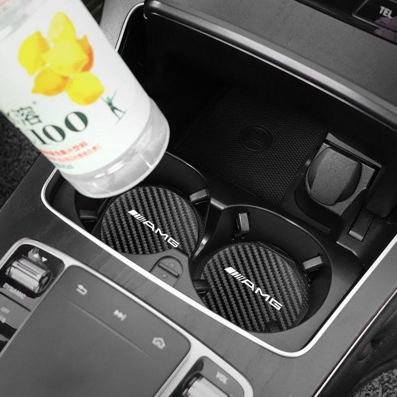AMG Logo Carbon Fiber Patterned Leather Coasters Car Cup Holders Silent Pads For Mercedes Benz AMG W206 W204 W205 W212 W213 WC1