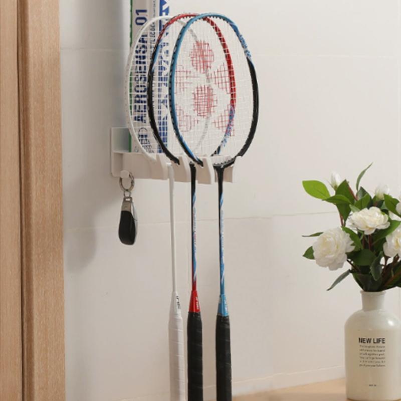 Wall Mounted Badminton Racket Holder Punch Free With Ball Hanger 3-Slots Storage Rack For Tennis Pickleball Ping Pong Paddle