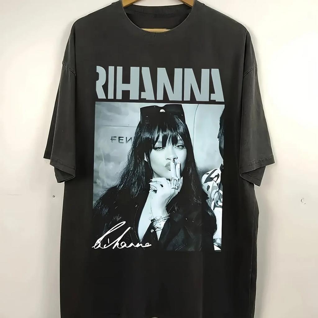 Koszulka z nadrukiem w stylu retro Rihanna, odpowiednia zarówno dla mężczyzn, jak i kobiet, z krótkim rękawem, Codzienna stylizacja Rihanny w stylu ulicznym