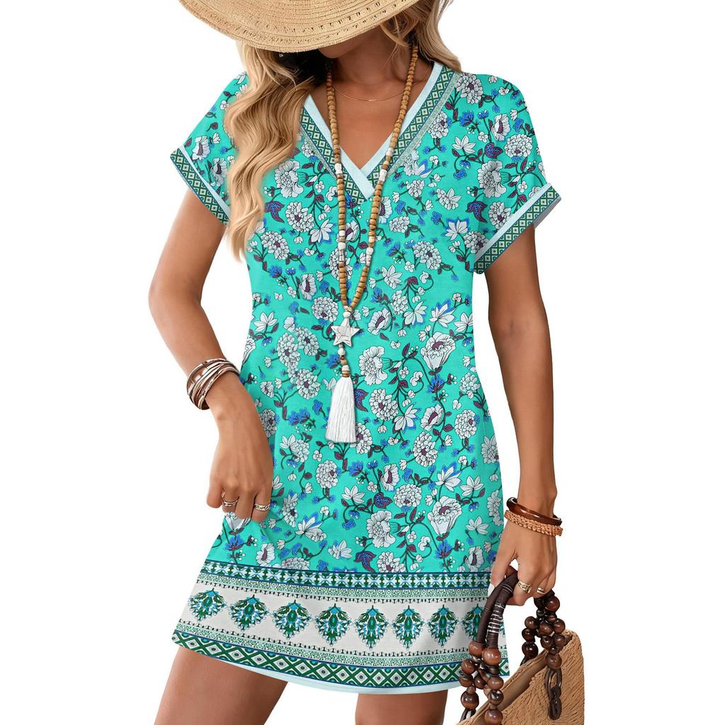 Women's Fashionable Floral Print V-neck Short Sleeved Pocket Casual Pullover Dress