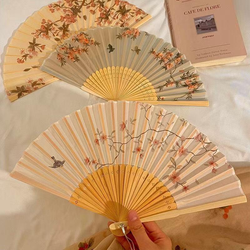 Evantai Portabil de Mână Pliabil Stil Chinezesc Recuzită Dans Evantai Retro cu Scoică Femeie Bărbați Lemn de Bambus Mătase Floare Evantai Pliabil