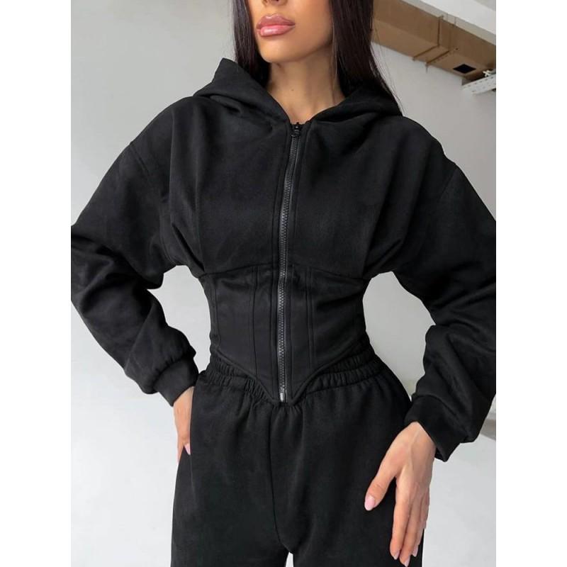 Damen Unifarbene Kapuzen Crop Top Weite Hosen Set Lässiges Streetwear Outfit Winter 2025