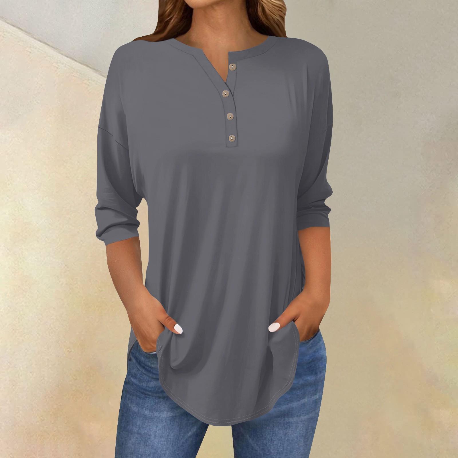 

Футболки для жінок осінні повсякденні сорочки з довгим рукавом 3/4 на ґудзиках Світшоти Вінтажний пуловер M