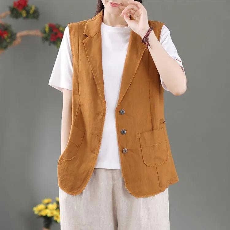 Solid Color Cotton Vest Women's Spring and Autumn Vest Lapel Pocket Waistcoat Waistcoat Outer Thin Section