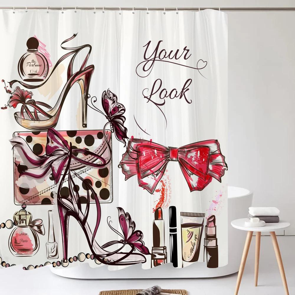

Fashion Cosmetic Shoes and Bags Shower Curtain Modern Girl Print Home Decor Curtain Polyster Fabric Bathroom Curtain with Hooks W160XH180cm