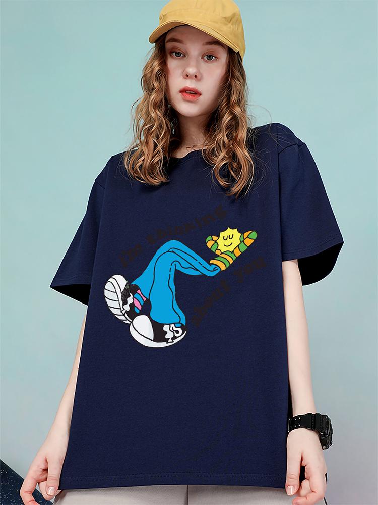 

Женская одежда с принтом «Я думаю о тебе», футболка большого размера, модные хлопковые топы, футболка, летняя свободная футболка XXXL темно-синий