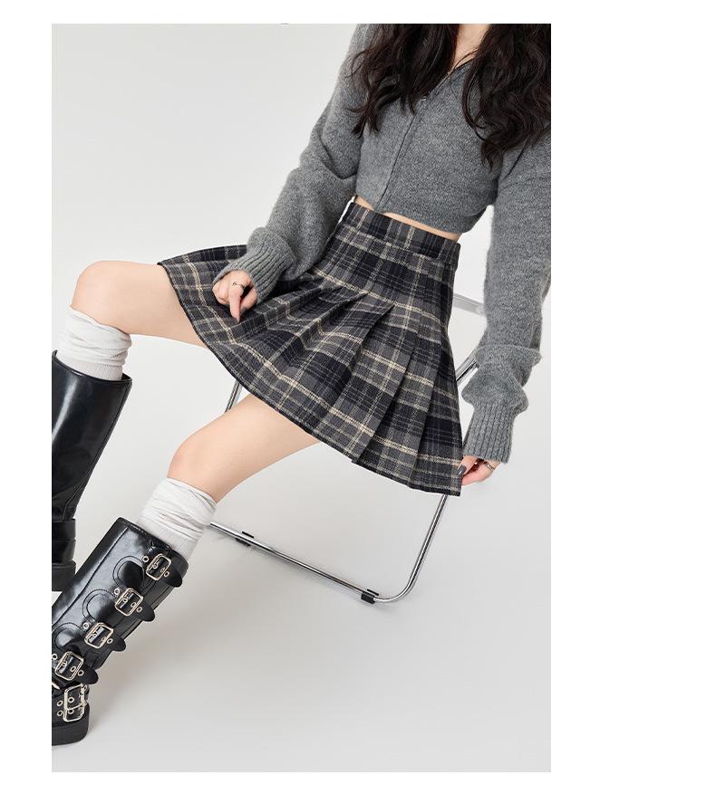 Plaid Wool Pleated Skirt for Curvy Women - High Waist A-line Short Skirt for Spring/Autumn