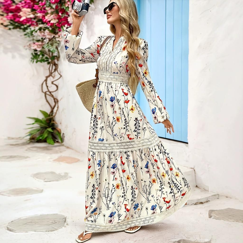 European and American floral printing dress V-neck lace splicing waist elegant long women's clothing batch