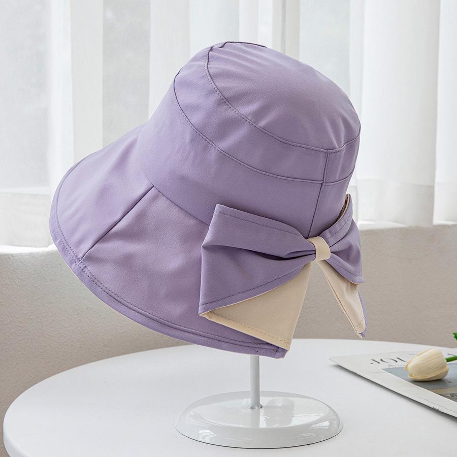Koreanischer zweifarbiger Sonnenhut mit breiter Krempe und Schleife für Damen - Flacher Oberteil, Schlitz hinten, UV-Schutz