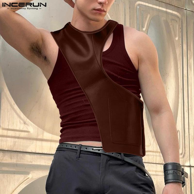 INCERUN Men Sleeveless Front Cross Irregular Casual Patchwork Tank Tops
