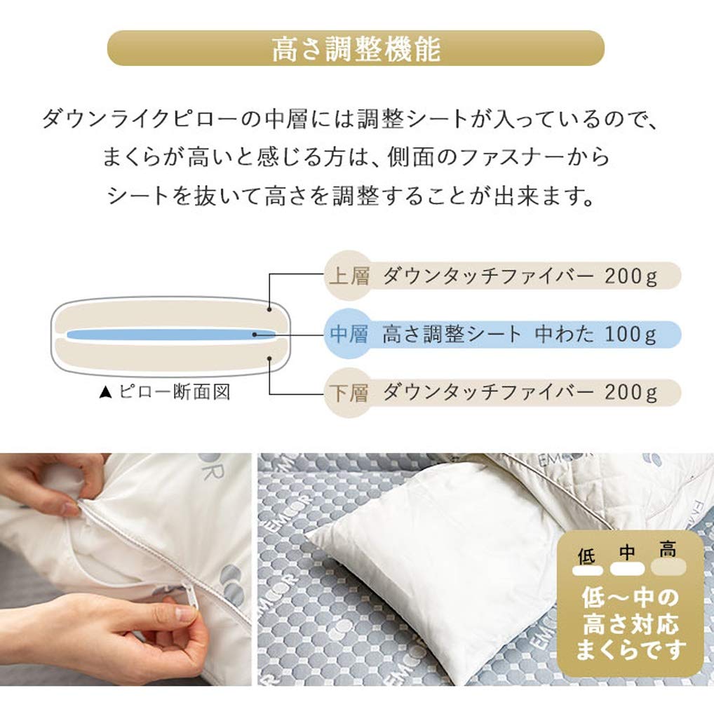 EMOOR Washable Pillow, Height Adjustable, Down Touch Fiber Processing, Perfect for a Good Night's Sleep, Luxury Hotel Style, White