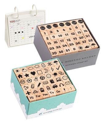 S.fields.inc Holzstempel, Set mit 84 Gummistempeln, Kalender-, Zahlen-, Wochentags-, Datums-, Wetter- und Tagebuchstempeln