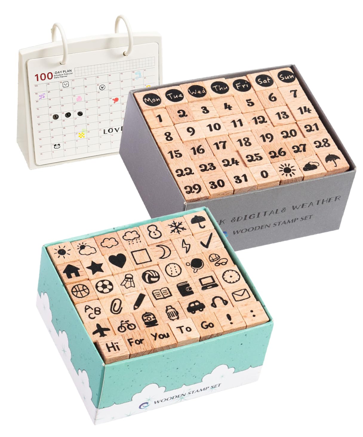 

S.fields.inc Wooden Stamps, Set of 84 Rubber Stamps, Calendar, Number, Day of the Week, Date, Weather, and Diary Stamps