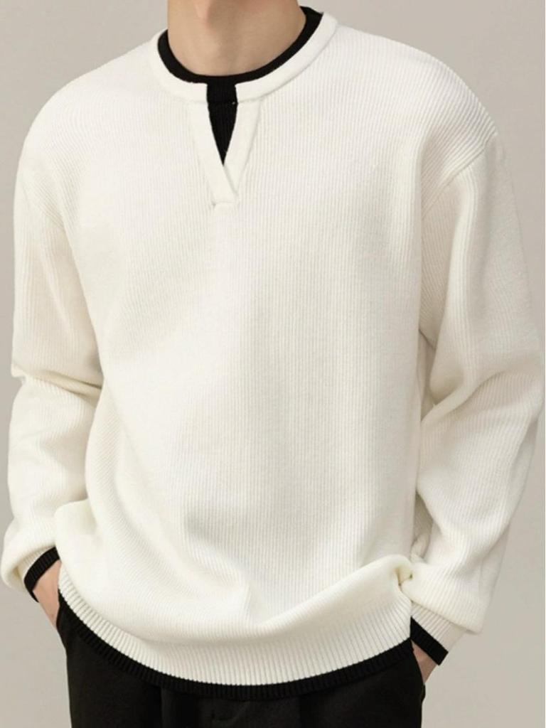Unisex V-Neck Knit Sweater - Trendy Loose Two-Piece Look for Autumn & Winter