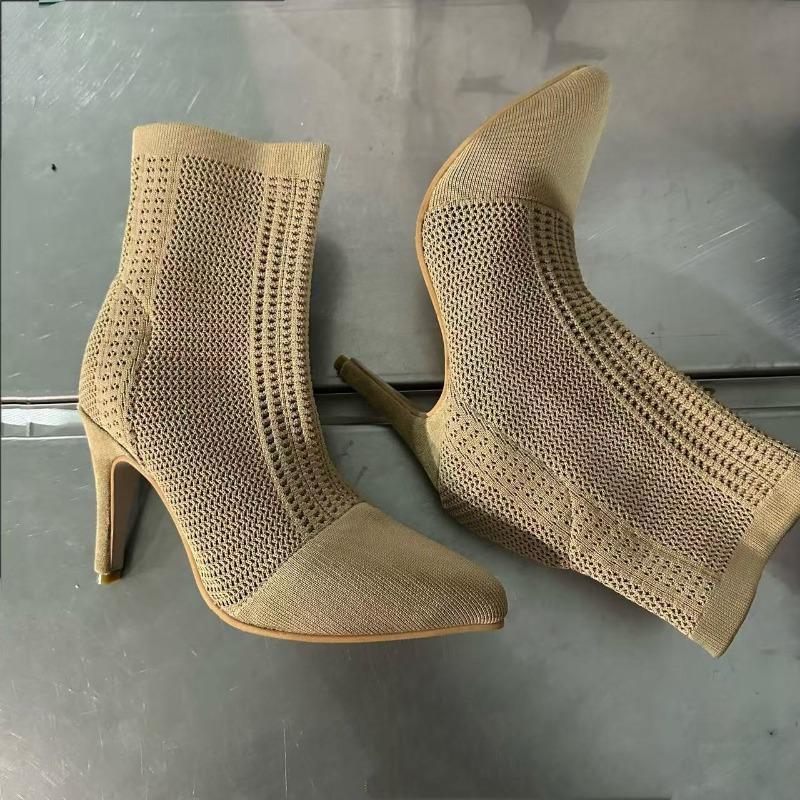 Fashion Spring New Stiletto Boots Women Fashion Pointed Mesh Fabric Breathable Back Zipper Anti-slip Wear-resistant High Heels