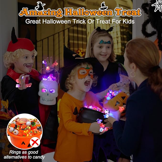 50 Stück LED-Leuchtringe Halloween-Party Leuchtende Ringe mit Hexen-, Kürbis- und Geisterdesigns Lustiges Geschenk für Kinder und Süßigkeitentüten-Füller