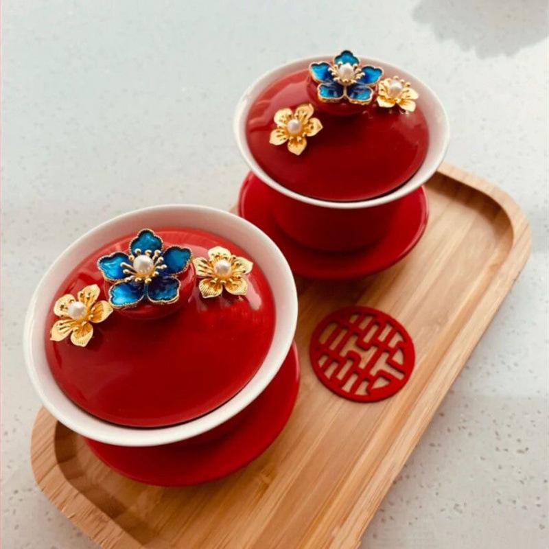 Handmade Wedding Tea Ceremony Gaiwan Set: Decorative Pair for Dowry