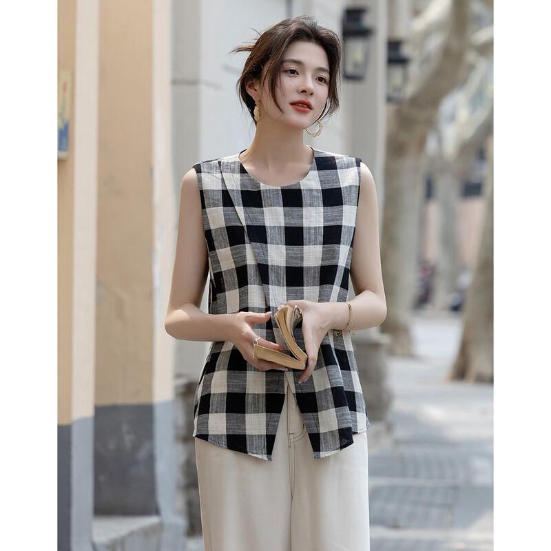 Demana Women's Retro Plaid Sleeveless Cotton Shirt