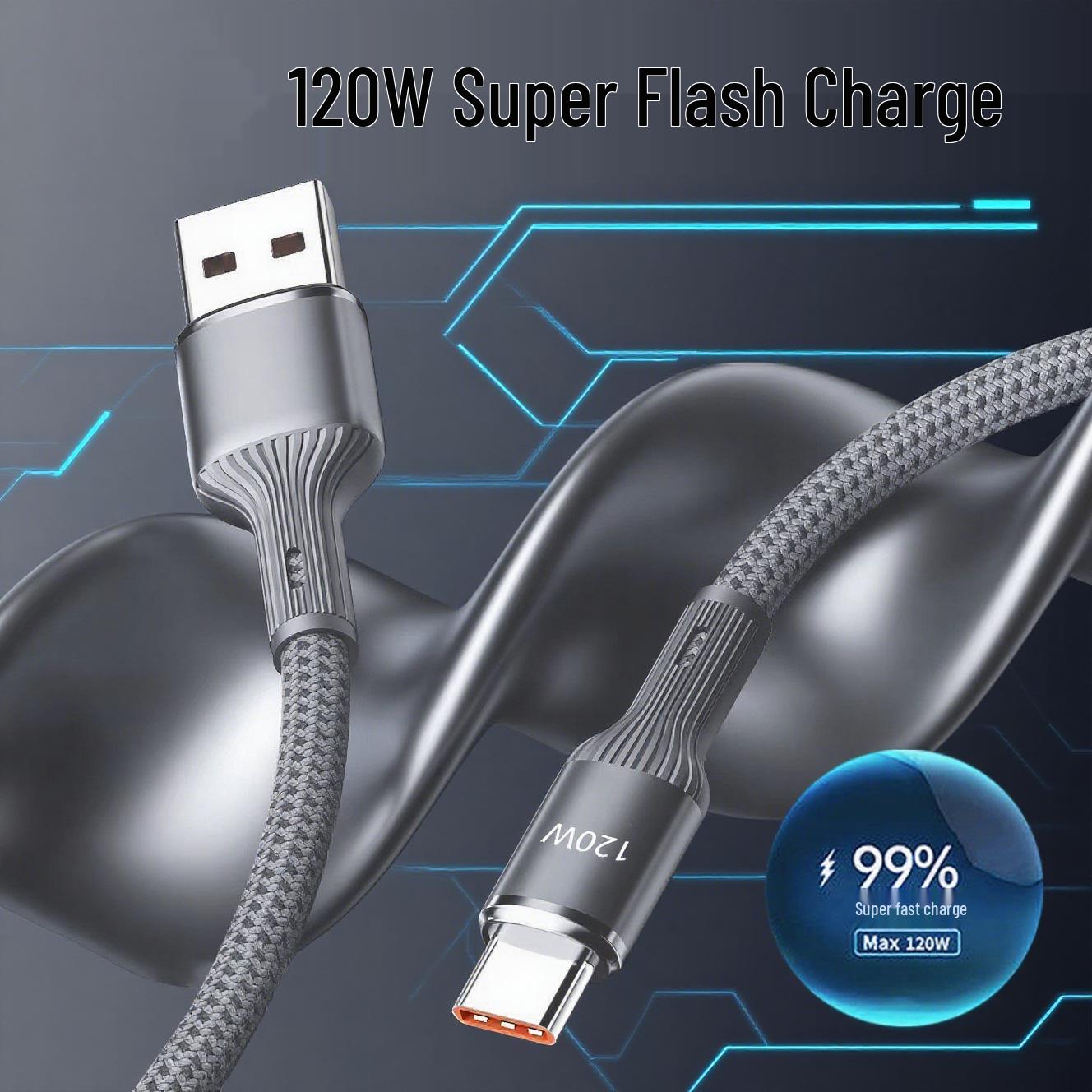 120W Ultra-Fast Braided Type-C Charging Cable for Huawei, Xiaomi, Vivo, Oppo, Honor. 25cm Braided Type-C