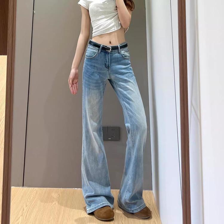 Spring Summer Women Jeans High Waist Slim Fit Vintage Flare Pants Simple Distressed Denim Trousers