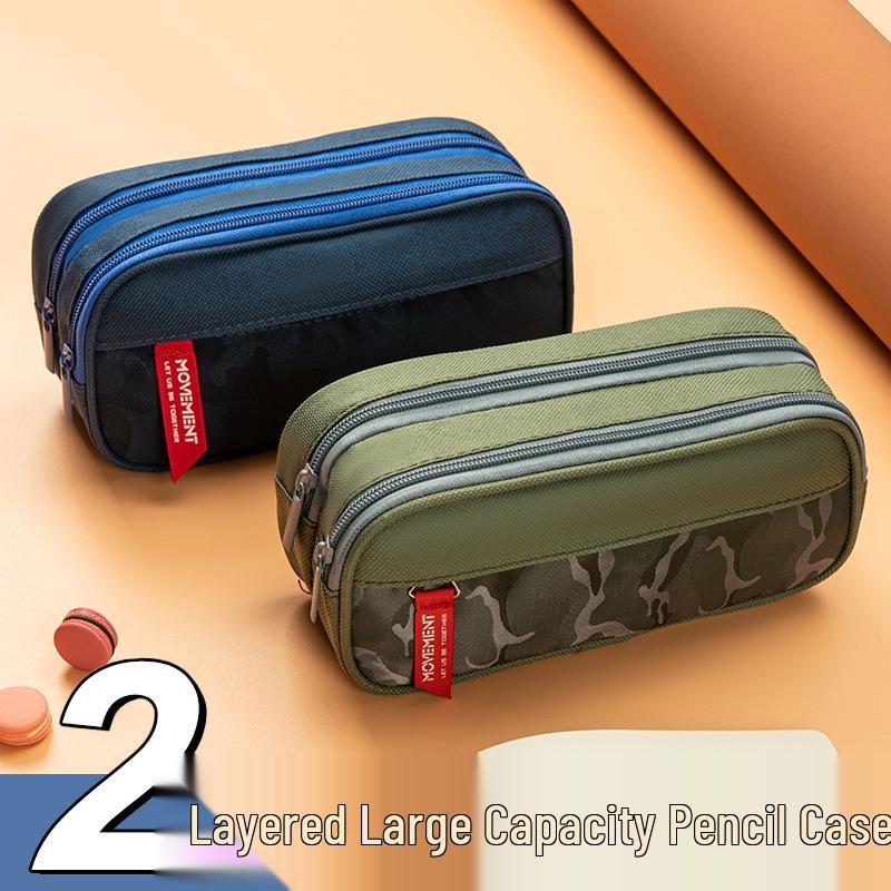 Dual Zipper Camo Pencil Case for Junior High & High School Students - Stationery Box with Ruler Slot
